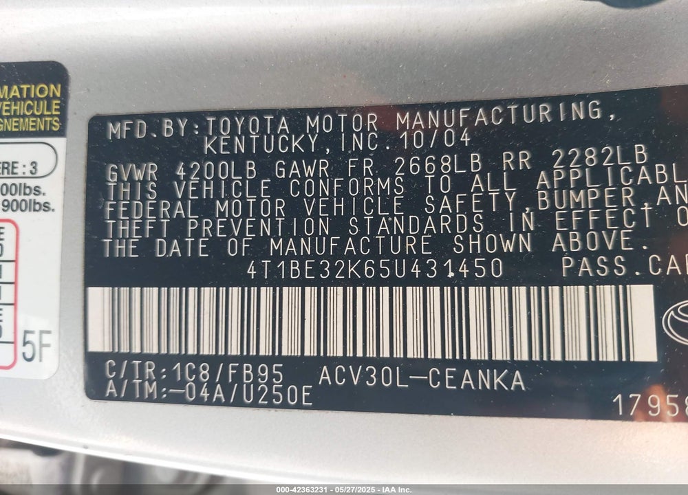 2005 TOYOTA CAMRY VIN: 4T1BE32K65U431450