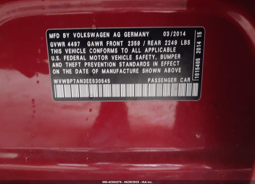 2014 VOLKSWAGEN CC VIN: WVWBP7AN3EE530545
