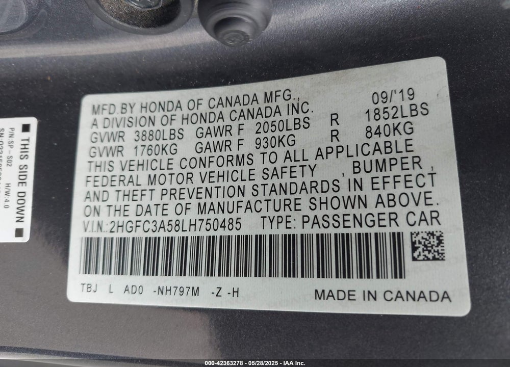 2020 HONDA CIVIC SI COUPE VIN: 2HGFC3A58LH750485