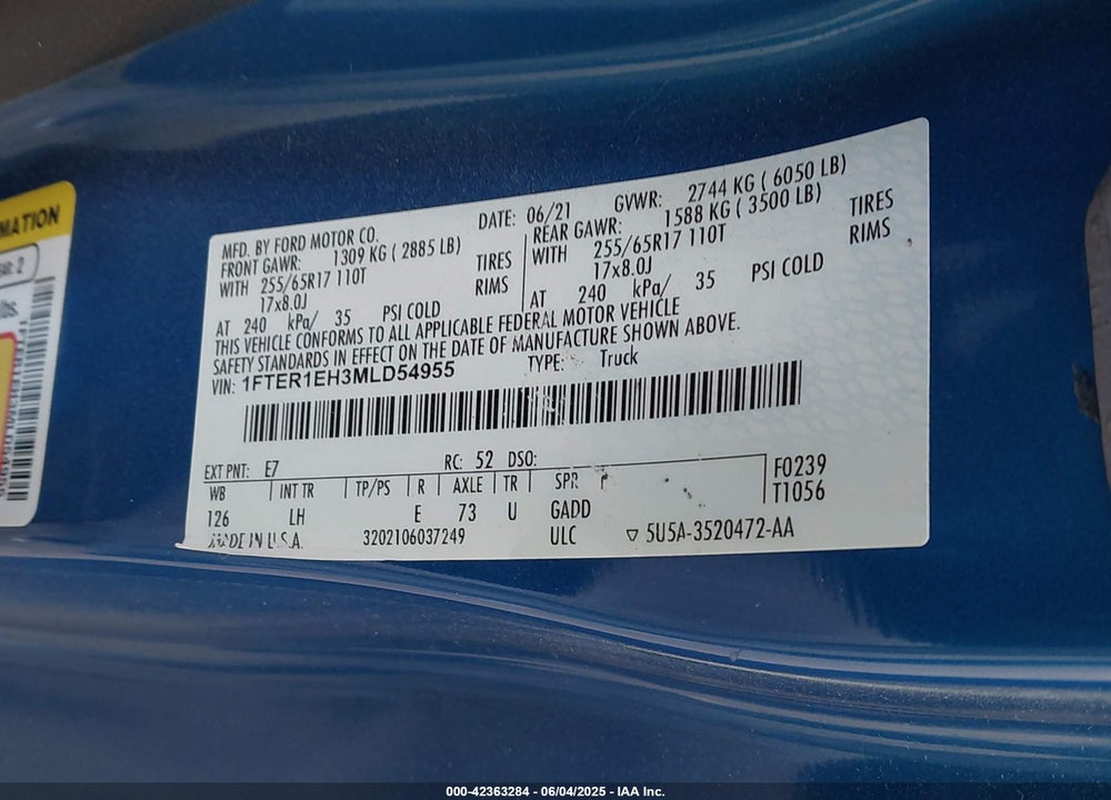 2021 FORD RANGER VIN: 1FTER1EH3MLD54955