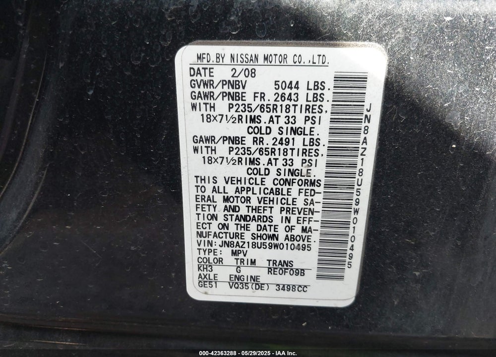 2009 NISSAN MURANO SL VIN: JN8AZ18U59W010495