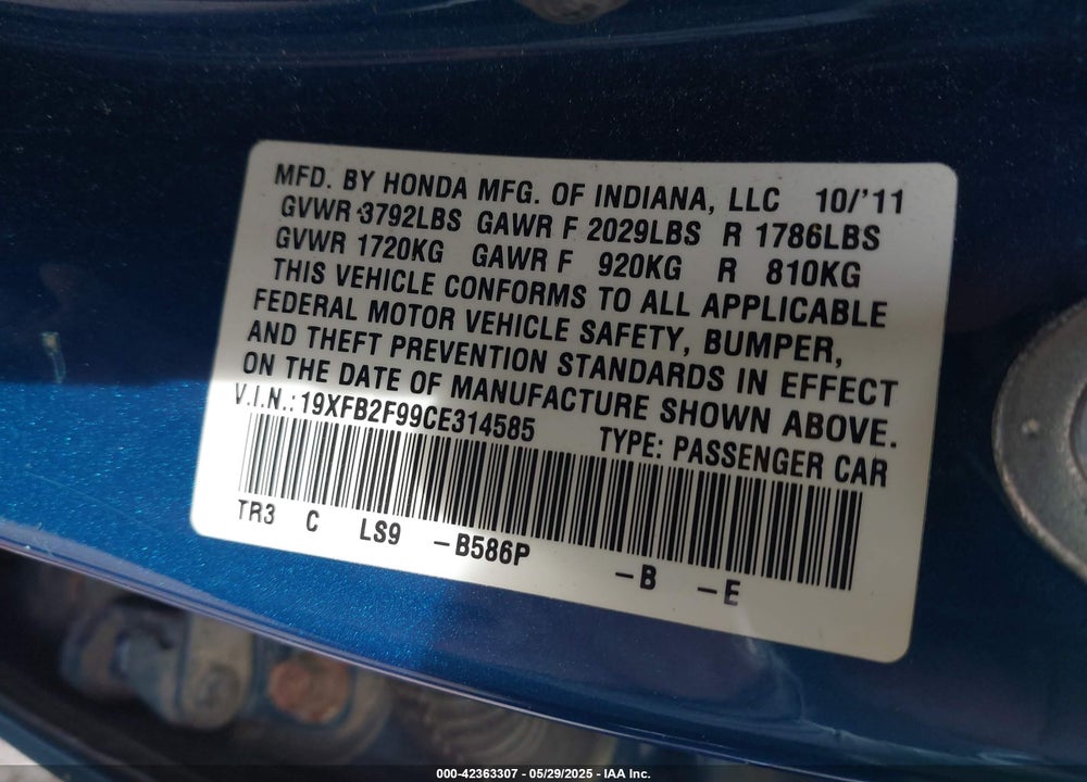 2012 HONDA CIVIC EX-L VIN: 19XFB2F99CE314585