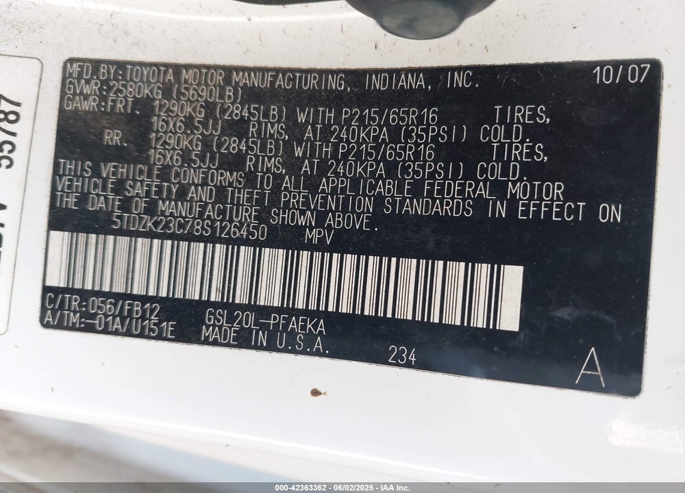 2008 TOYOTA SIENNA LE VIN: 5TDZK23C78S126450