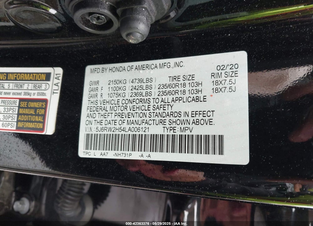 2020 HONDA CR-V AWD EX VIN: 5J6RW2H54LA006121