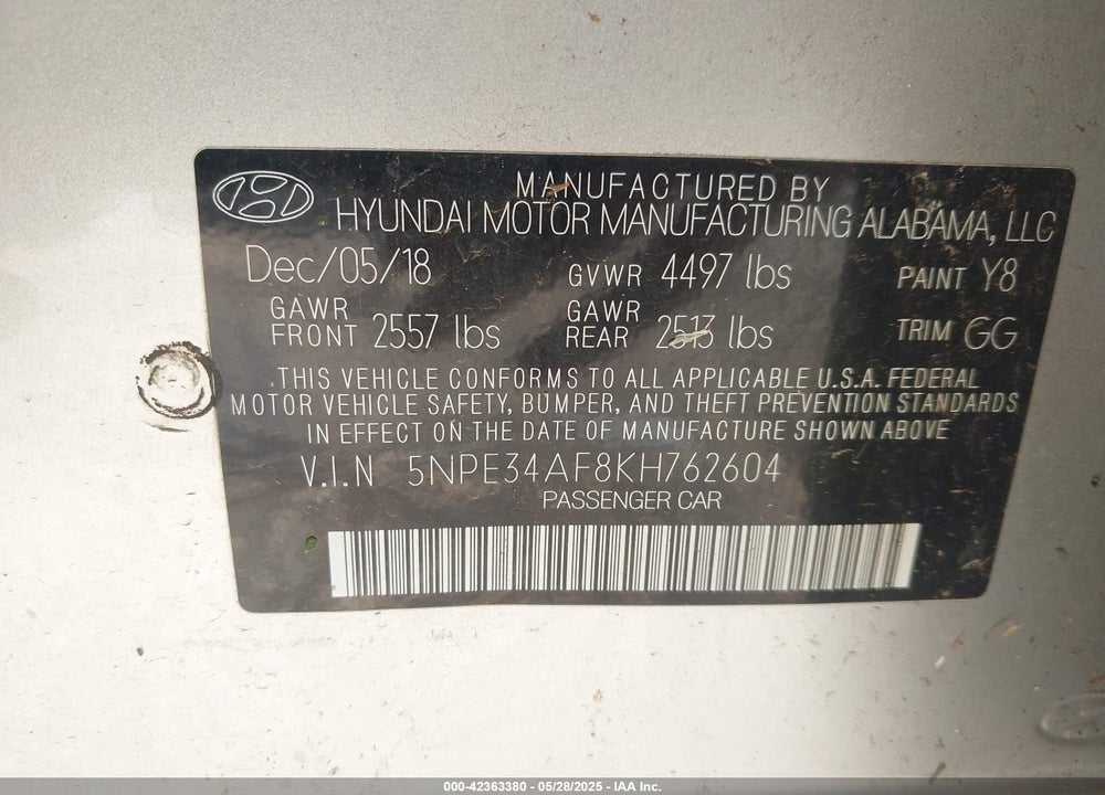 2019 HYUNDAI SONATA VIN: 5NPE34AF8KH762604