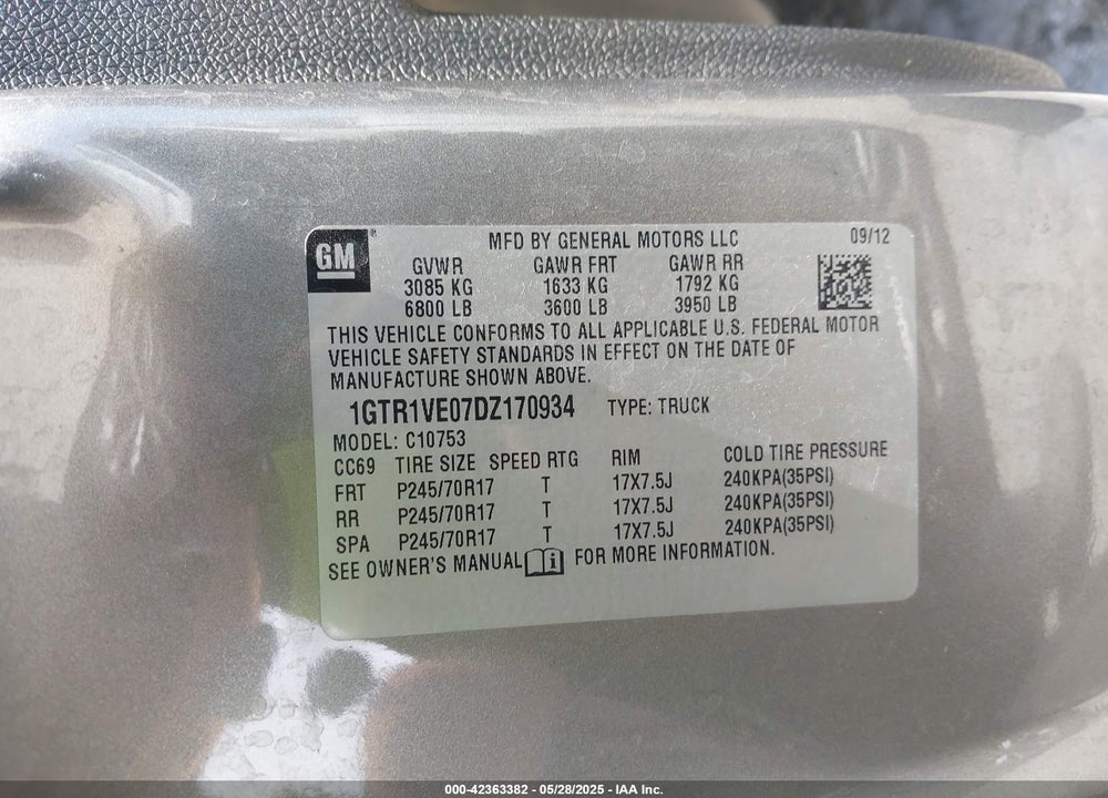 2013 GMC SIERRA 1500 SLE VIN: 1GTR1VE07DZ170934