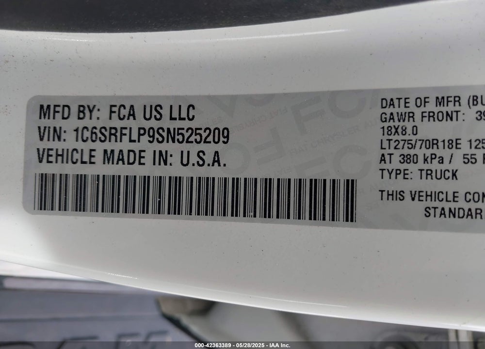 2025 RAM 1500 VIN: 1C6SRFLP9SN525209