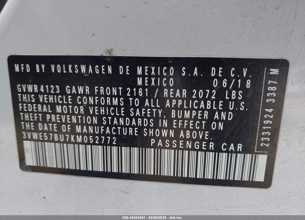 2019 VOLKSWAGEN JETTA VIN: 3VWE57BU7KM052772