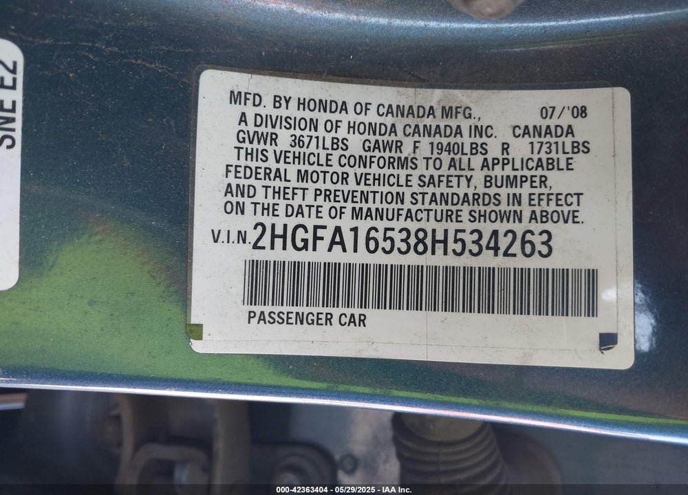 2008 HONDA CIVIC LX VIN: 2HGFA16538H534263