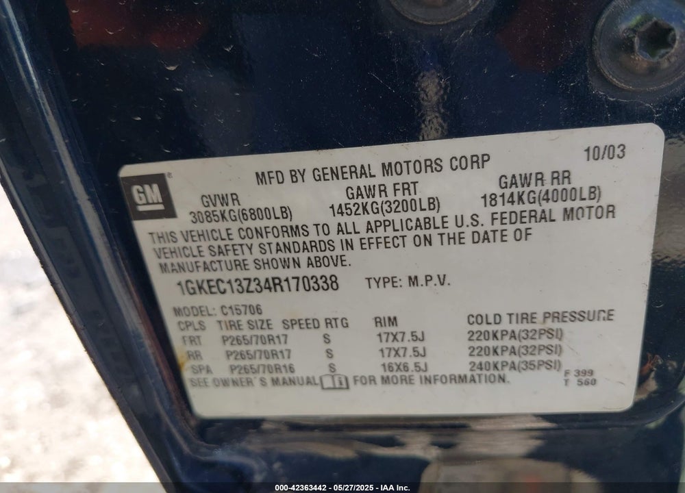 2004 GMC YUKON SLT VIN: 1GKEC13Z34R170338