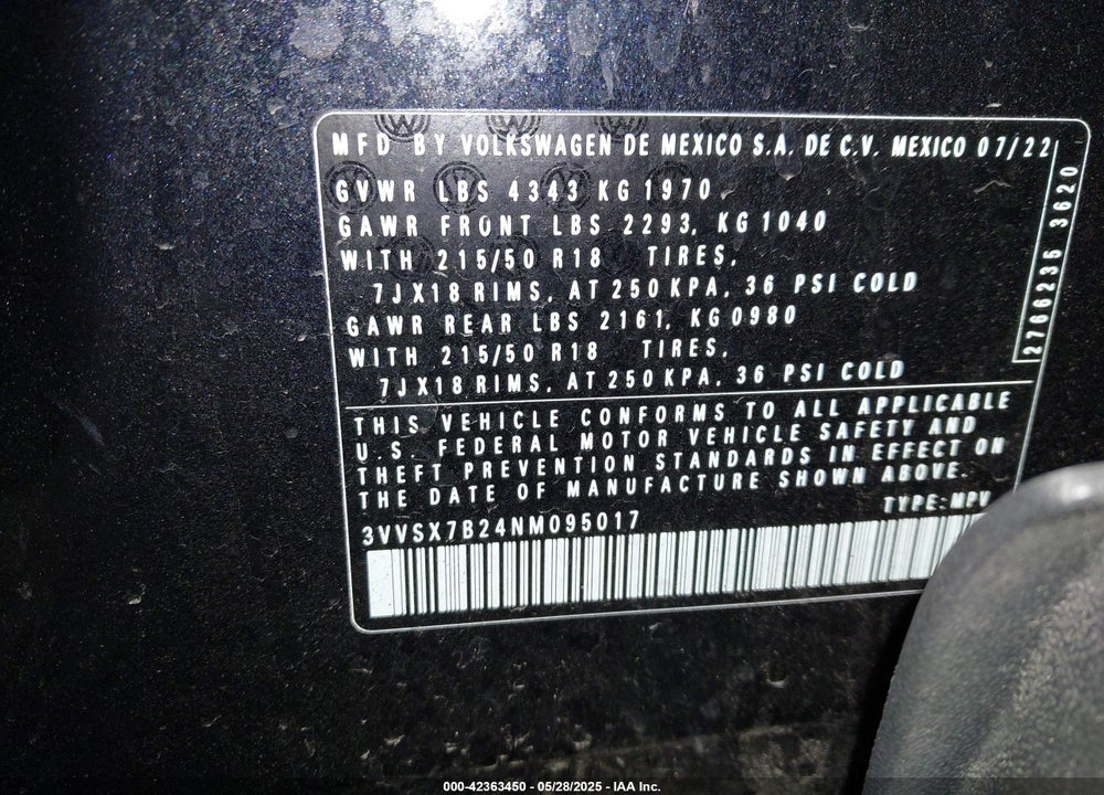 2022 VOLKSWAGEN TAOS VIN: 3VVSX7B24NM095017