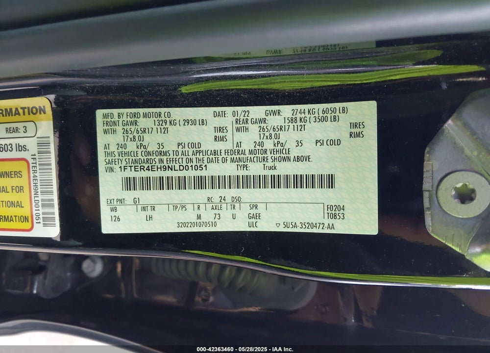 2022 FORD RANGER VIN: 1FTER4EH9NLD01051