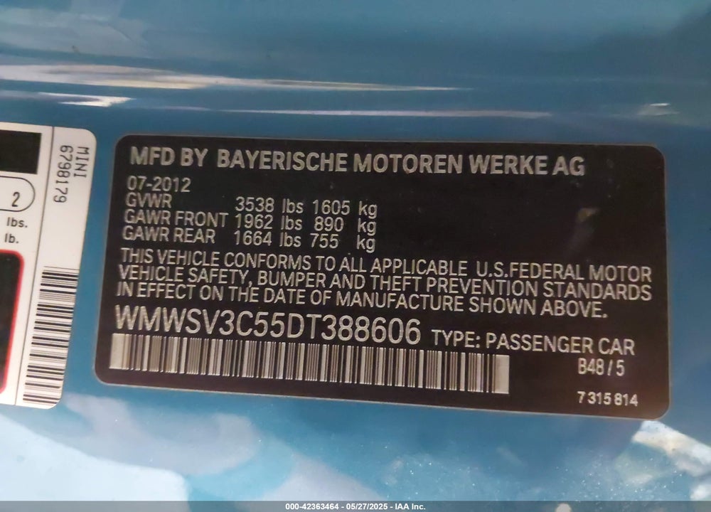 2013 MINI COOPER VIN: WMWSV3C55DT388606