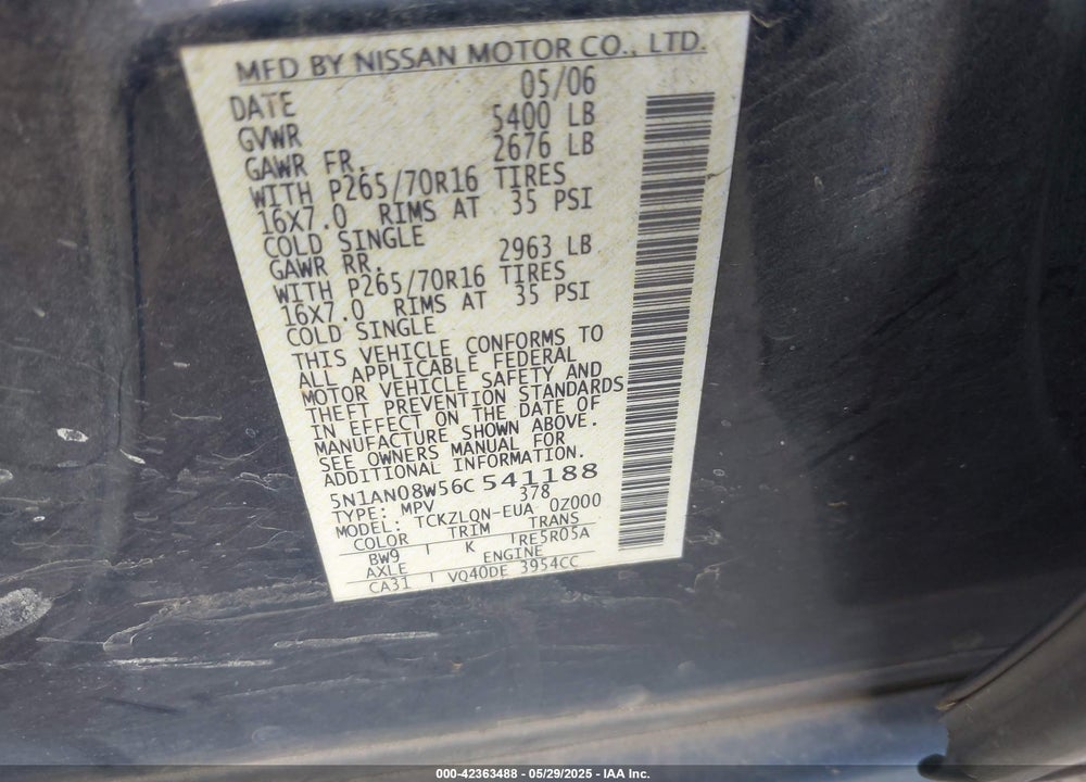 2006 NISSAN XTERRA VIN: 5N1AN08W56C541188