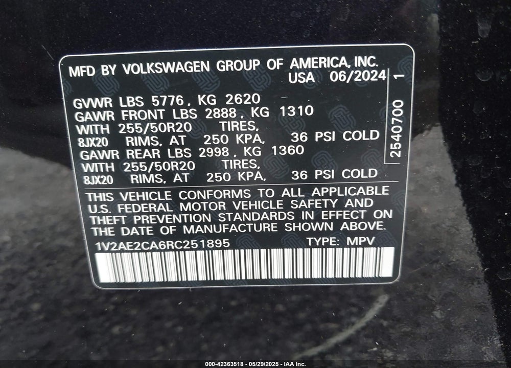 2024 VOLKSWAGEN ATLAS CROSS SPORT 2.0T SEL R-LINE VIN: 1V2AE2CA6RC251895