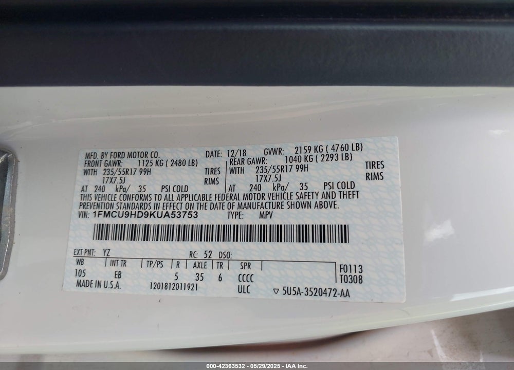 2019 FORD ESCAPE VIN: 1FMCU9HD9KUA53753