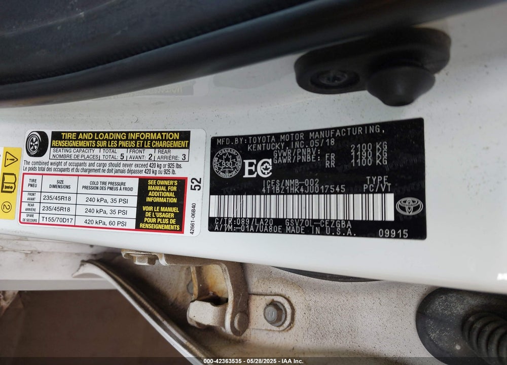 2018 TOYOTA CAMRY VIN: 4T1BZ1HK4JU017545