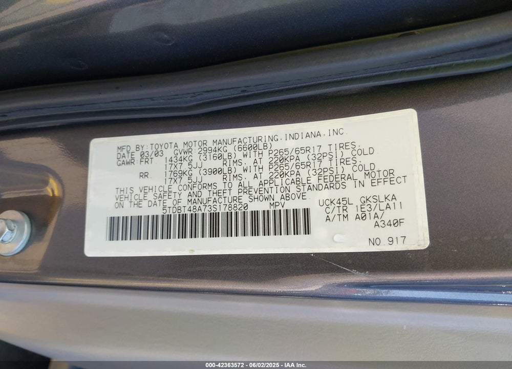 2003 TOYOTA SEQUOIA VIN: 5TDBT48A73S178820
