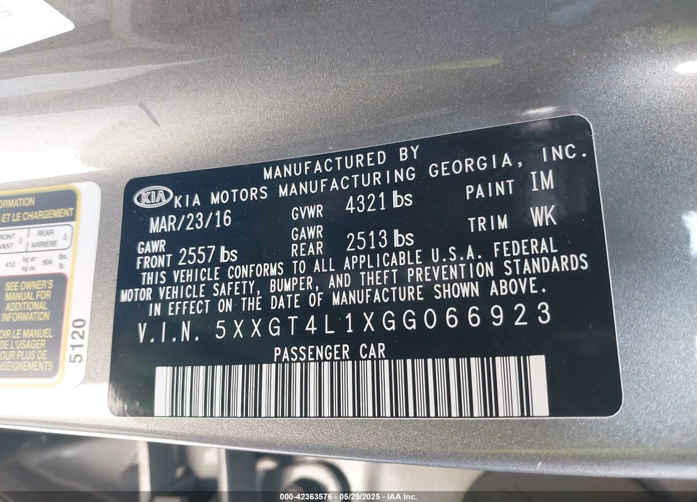 2016 KIA OPTIMA VIN: 5XXGT4L1XGG066923
