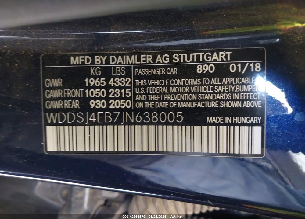 2018 MERCEDES-BENZ CLA-CLASS VIN: WDDSJ4EB7JN638005