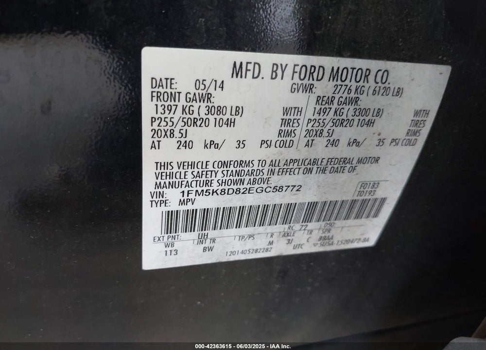 2014 FORD EXPLORER VIN: 1FM5K8D82EGC58772