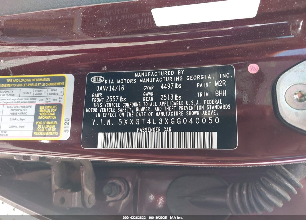 2016 KIA OPTIMA LX VIN: 5XXGT4L3XGG040050