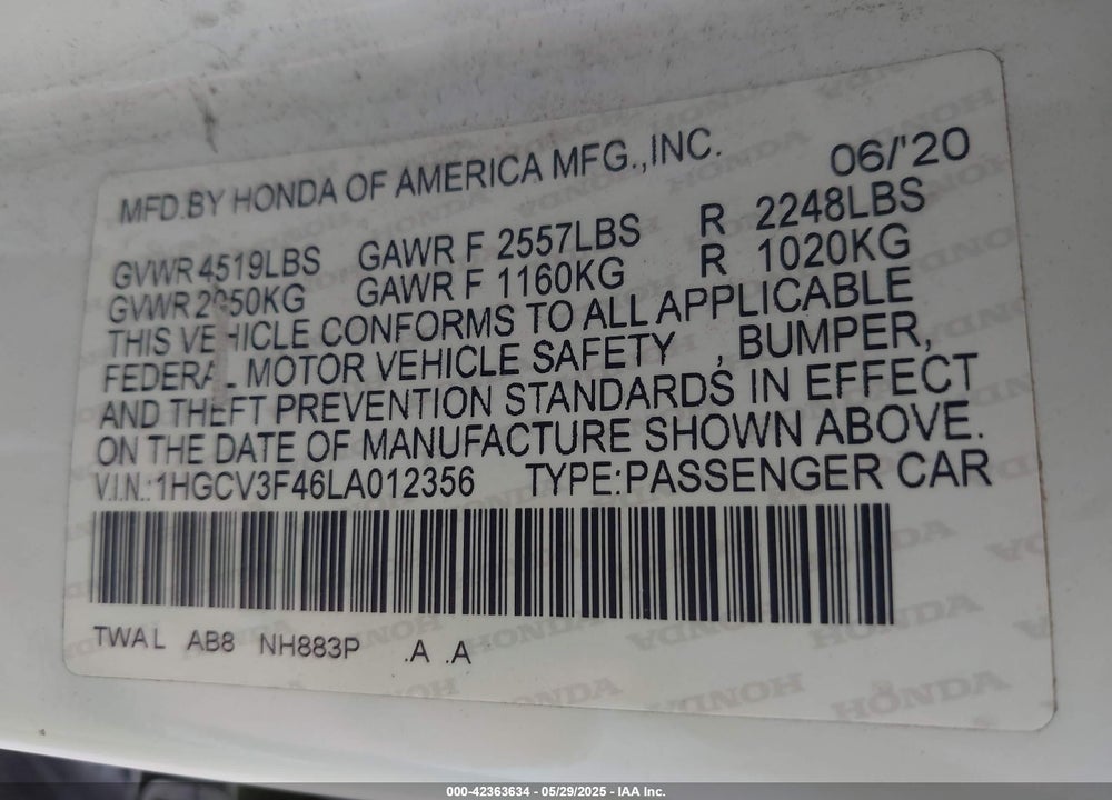 2020 HONDA ACCORD HYBRID EX VIN: 1HGCV3F46LA012356