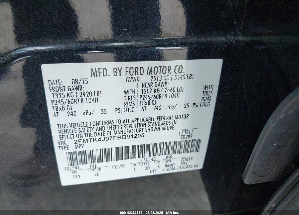 2015 FORD EDGE VIN: 2FMTK4J97FBB91205
