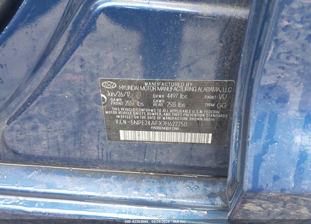 2018 HYUNDAI SONATA SE VIN: 5NPE24AFXJH622250