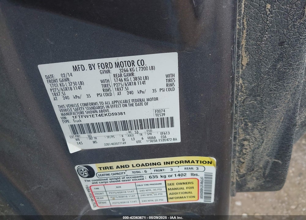 2014 FORD F-150 VIN: 1FTFW1ET4EKD59381