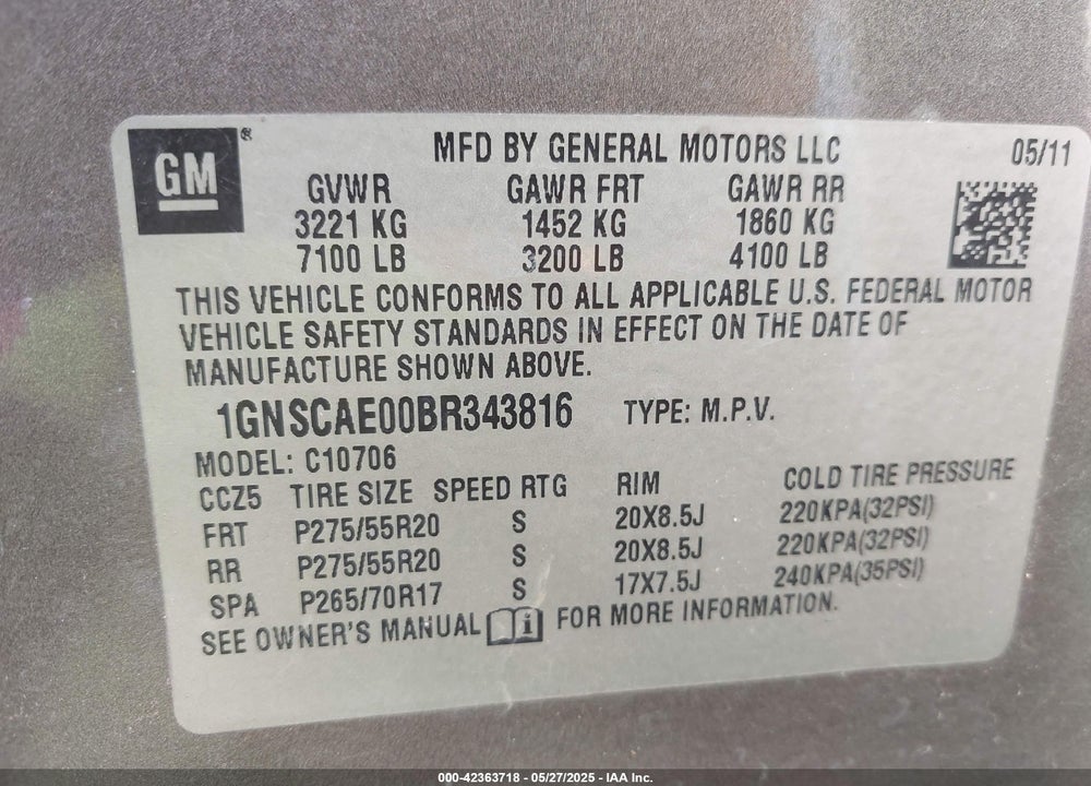2011 CHEVROLET TAHOE LS VIN: 1GNSCAE00BR343816