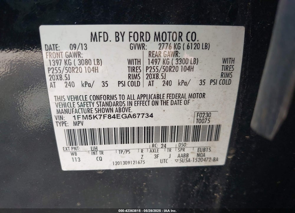 2014 FORD EXPLORER VIN: 1FM5K7F84EGA67734