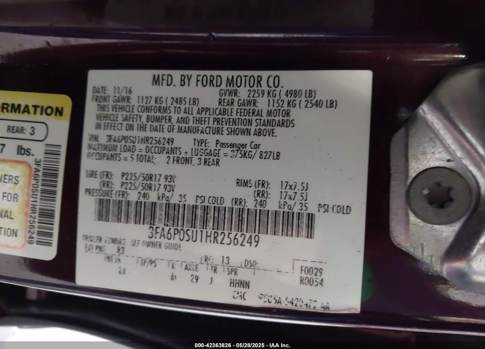 2017 FORD FUSION ENERGI TITANIUM VIN: 3FA6P0SU1HR256249