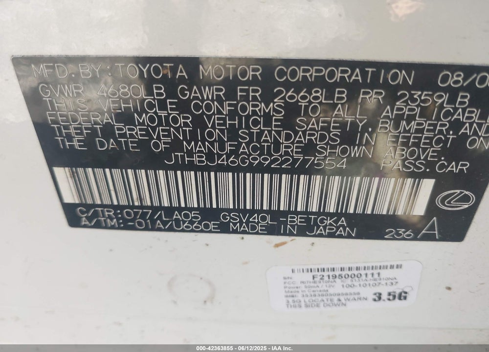 2009 LEXUS ES 350 VIN: JTHBJ46G992277554