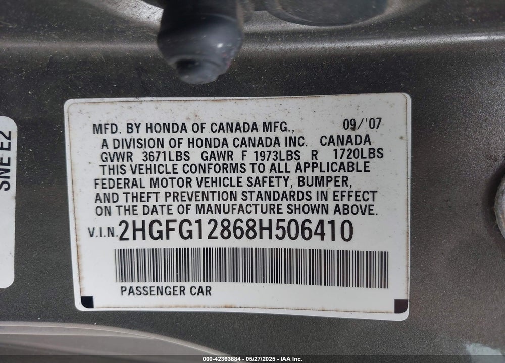 2008 HONDA CIVIC VIN: 2HGFG12868H506410
