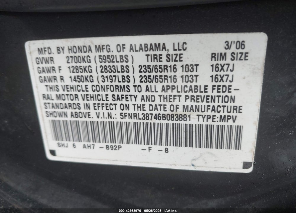 2006 HONDA ODYSSEY VIN: 5FNRL38746B083881