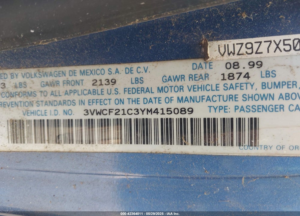 2000 VOLKSWAGEN NEW BEETLE VIN: 3VWCF21C3YM415089