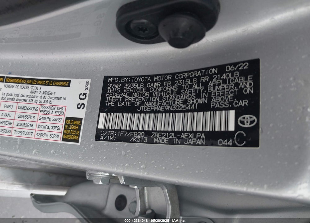 2022 TOYOTA COROLLA VIN: JTDEPMAE9N3025441