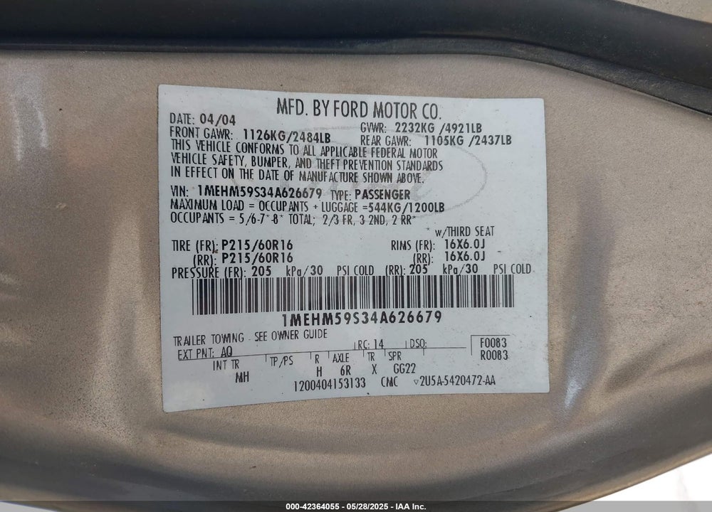 2004 MERCURY SABLE LS PREMIUM VIN: 1MEHM59S34A626679