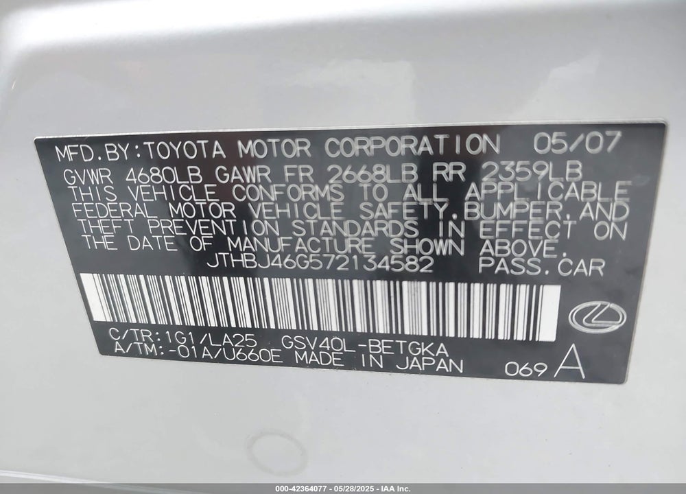 2007 LEXUS ES VIN: JTHBJ46G572134582