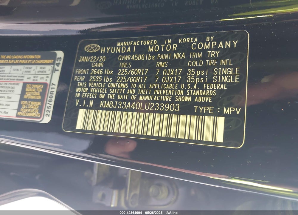 2020 HYUNDAI TUCSON VALUE VIN: KM8J33A40LU233903