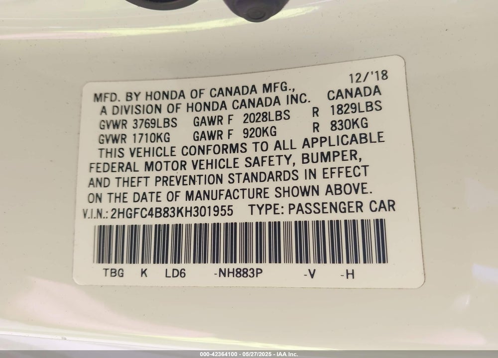 2019 HONDA CIVIC SPORT VIN: 2HGFC4B83KH301955