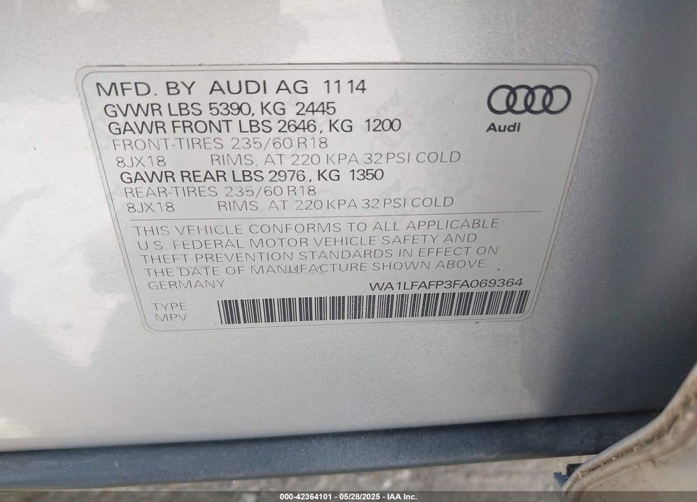 2015 AUDI Q5 2.0T PREMIUM VIN: WA1LFAFP3FA069364