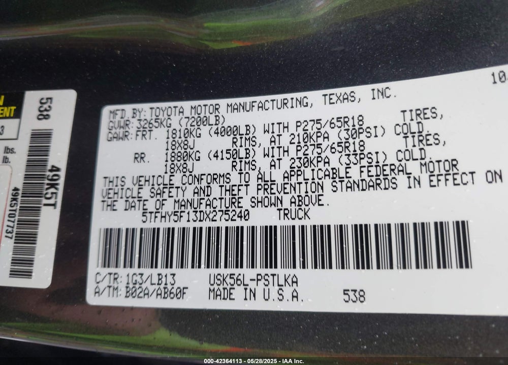 2013 TOYOTA TUNDRA LIMITED 5.7L V8 VIN: 5TFHY5F13DX275240