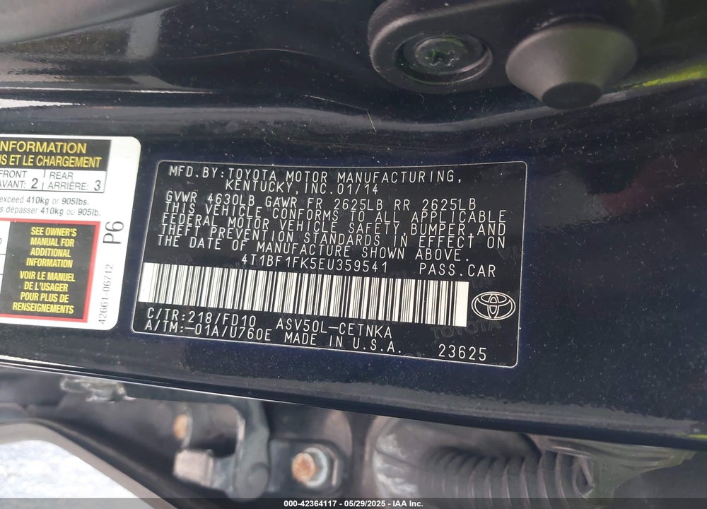 2014 TOYOTA CAMRY VIN: 4T1BF1FK5EU359541