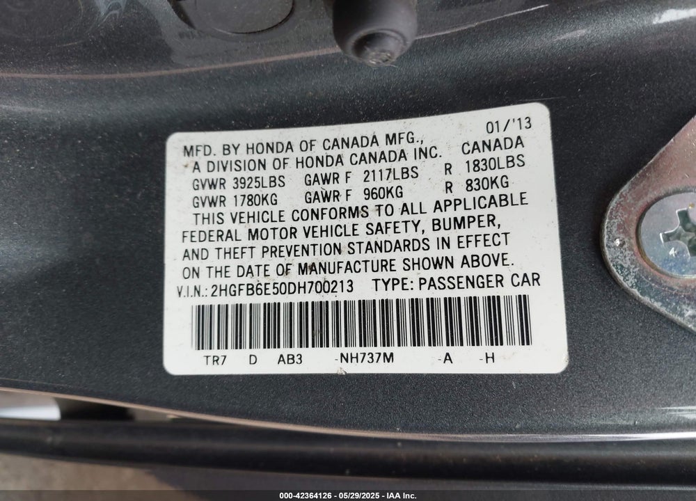 2013 HONDA CIVIC VIN: 2HGFB6E50DH700213