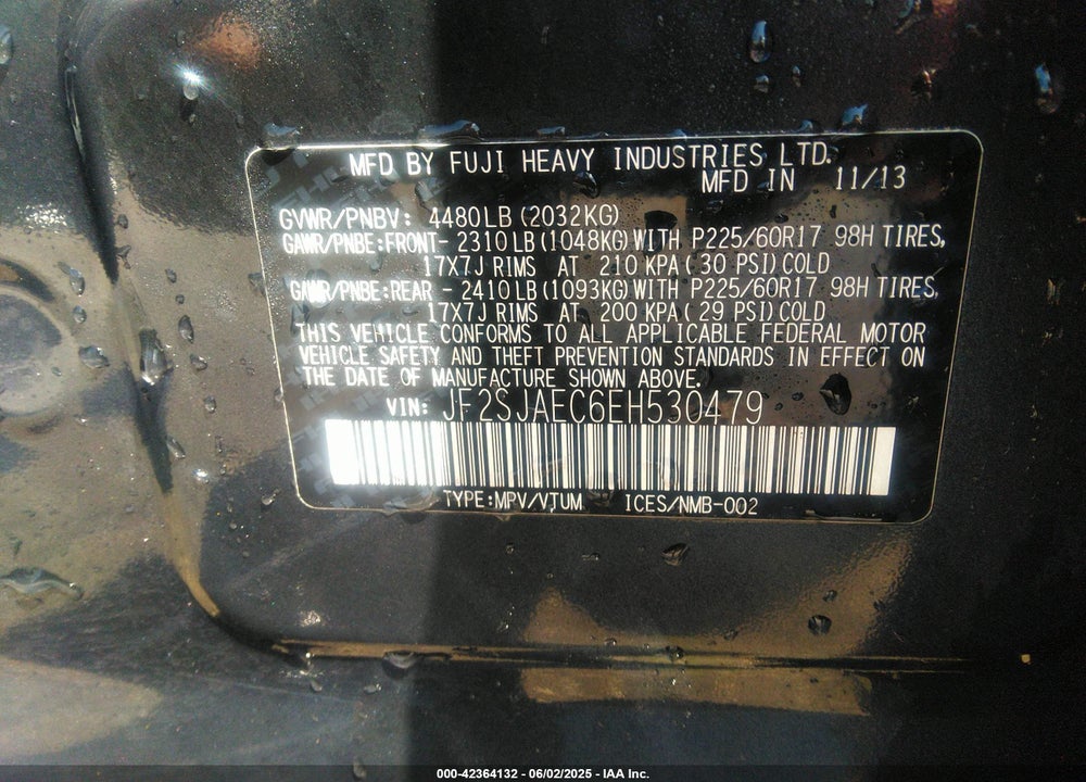 2014 SUBARU FORESTER VIN: JF2SJAEC6EH530479