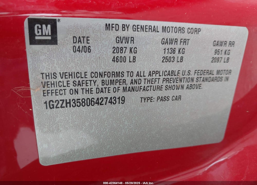 2006 PONTIAC G6 VIN: 1G2ZH358064274319