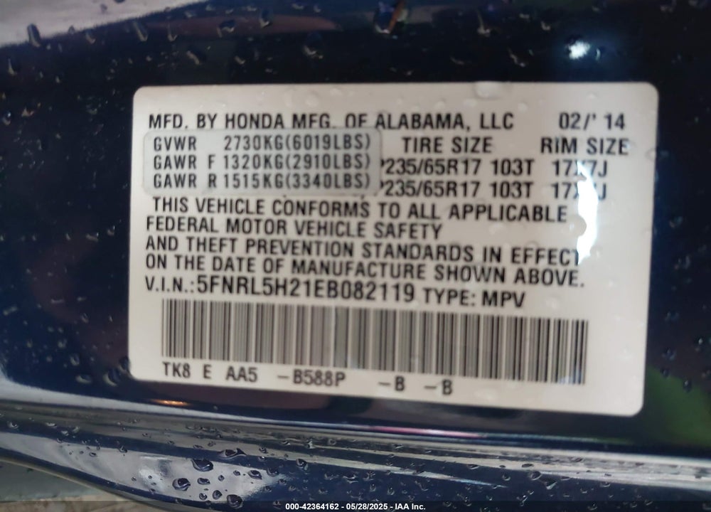 2014 HONDA ODYSSEY LX VIN: 5FNRL5H21EB082119