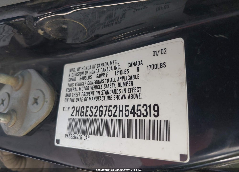 2002 HONDA CIVIC EX VIN: 2HGES26752H545319